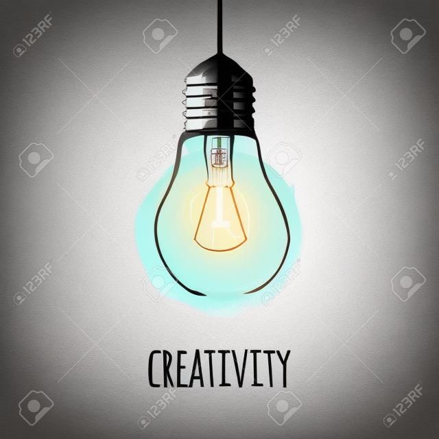 ベクトル イラスト、グランジ電球をぶら下げします。モダンな流行に敏感なスケッチ スタイル。アイデアと創造性の概念。