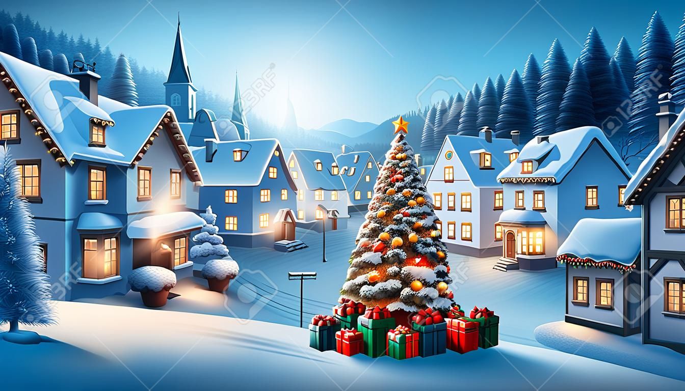Weihnachten und Neujahr Hintergrund Winterdorf mit einem Weihnachtsbaum
