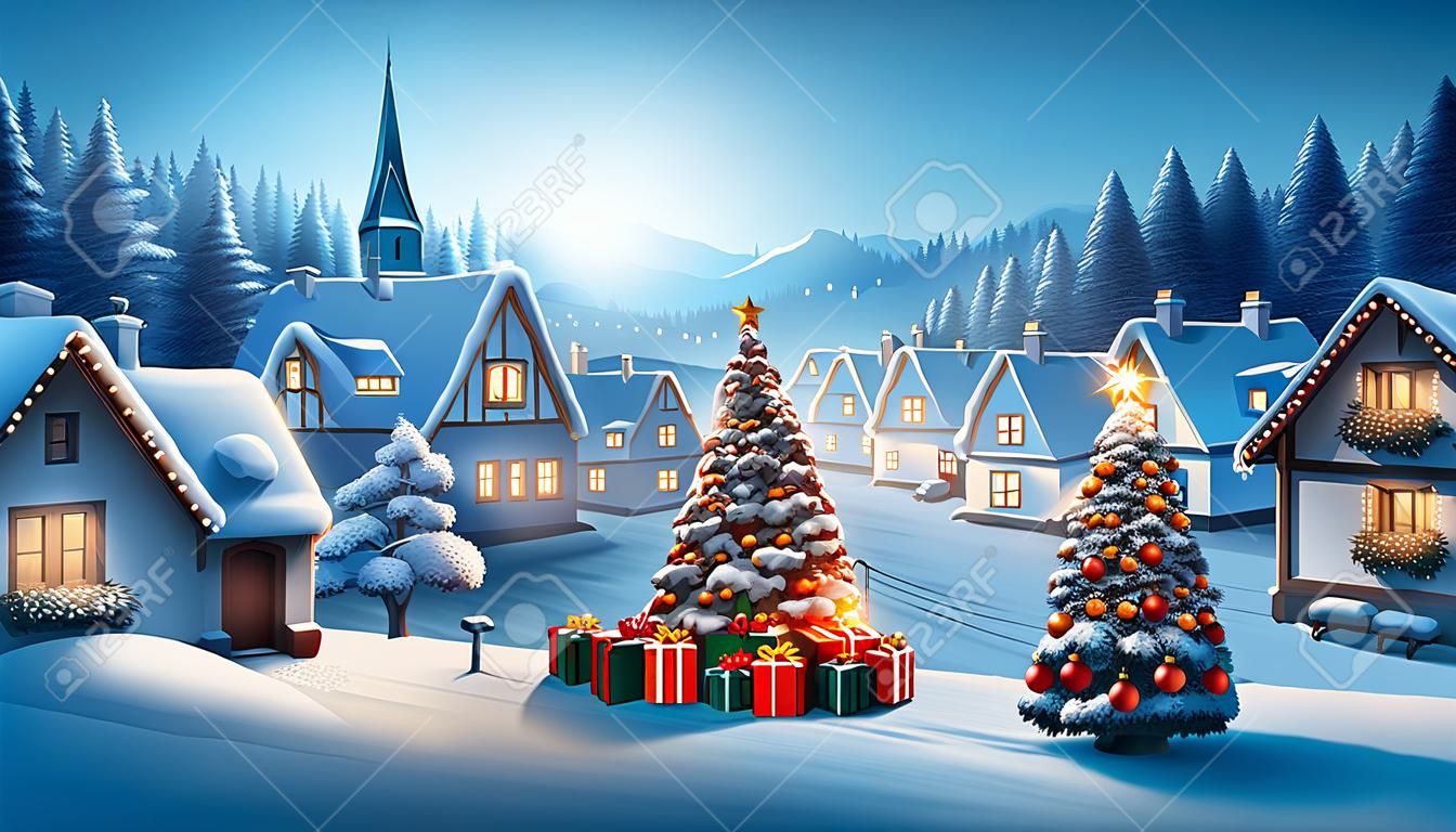 Weihnachten und Neujahr Hintergrund Winterdorf mit einem Weihnachtsbaum