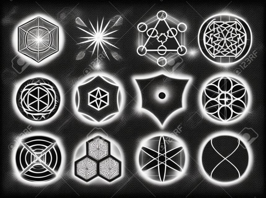 Heilige geometrie symbolen en elementen ingesteld. 12 in 1. Alchemie, religie, filosofie, astrologie en spiritualiteit thema's
