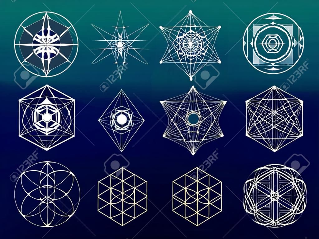 Conjunto de símbolos e elementos de geometria sagrada. 12 em 1. Temas de alquimia, religião, filosofia, astrologia e espiritualidade