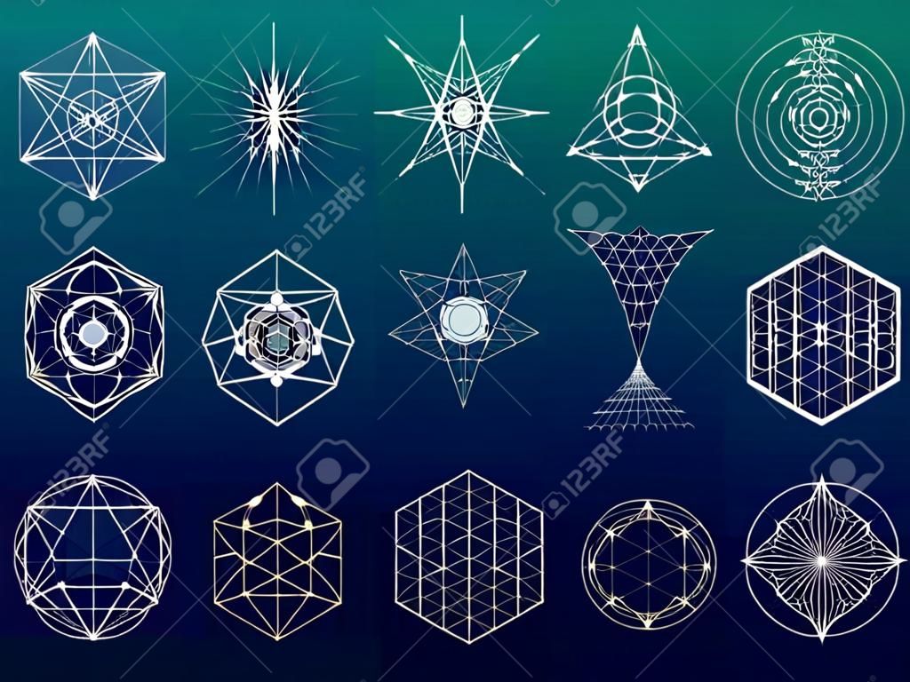 Conjunto de símbolos e elementos de geometria sagrada. 12 em 1. Temas de alquimia, religião, filosofia, astrologia e espiritualidade