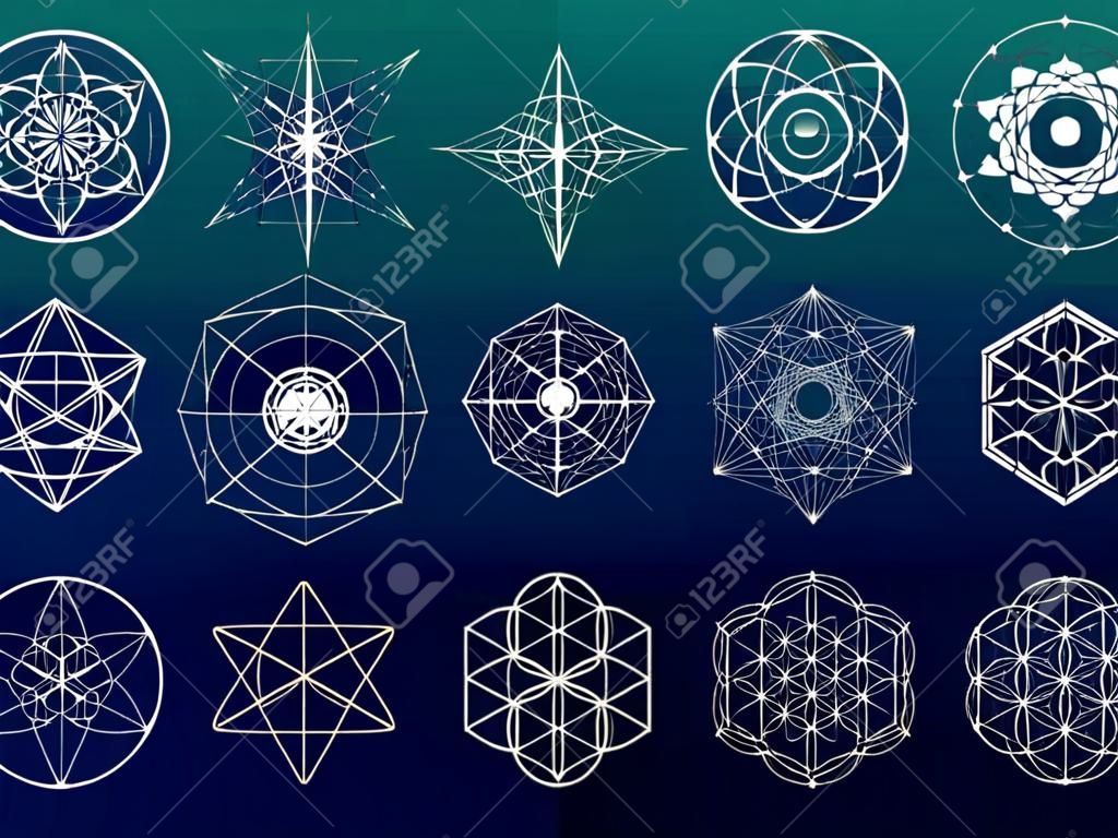神聖な幾何学シンボルと要素を設定します。12 の 1。錬金術、宗教、哲学、占星術とスピリチュアリティのテーマ
