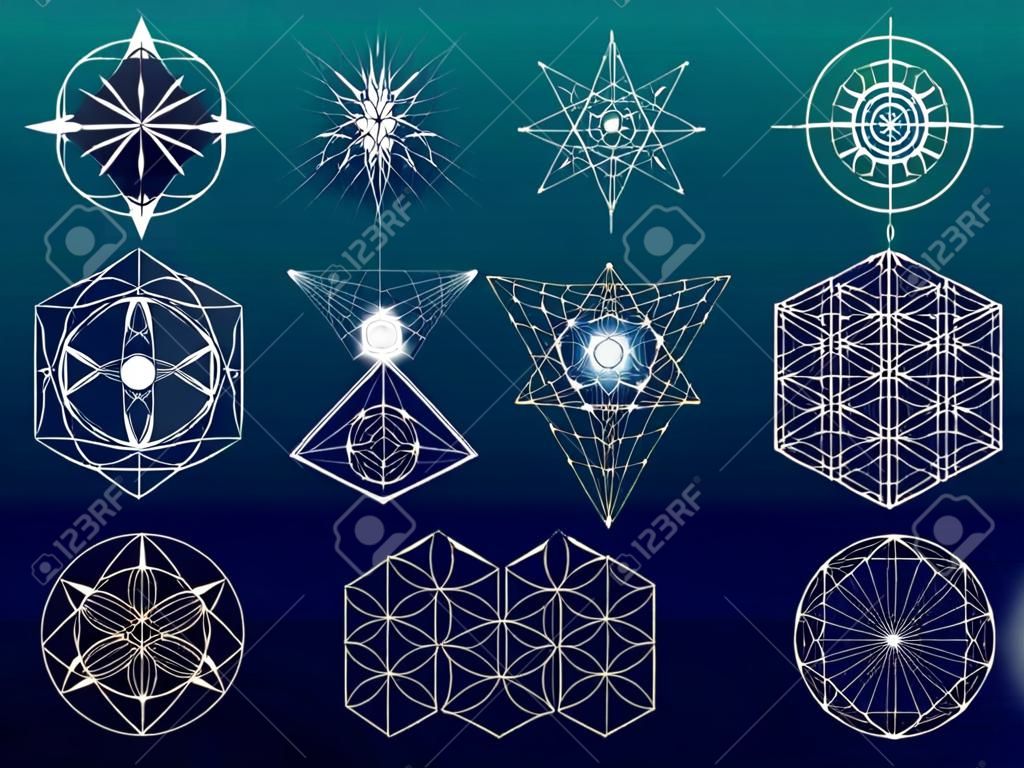 Sacred geometry symbols and elements set. 12 in 1. Alchemy, religion, philosophy, astrology and spirituality themes