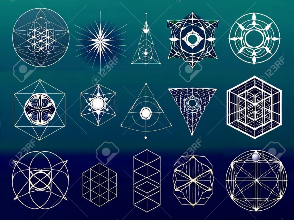 Heilige geometrie symbolen en elementen ingesteld. 12 in 1. Alchemie, religie, filosofie, astrologie en spiritualiteit thema's