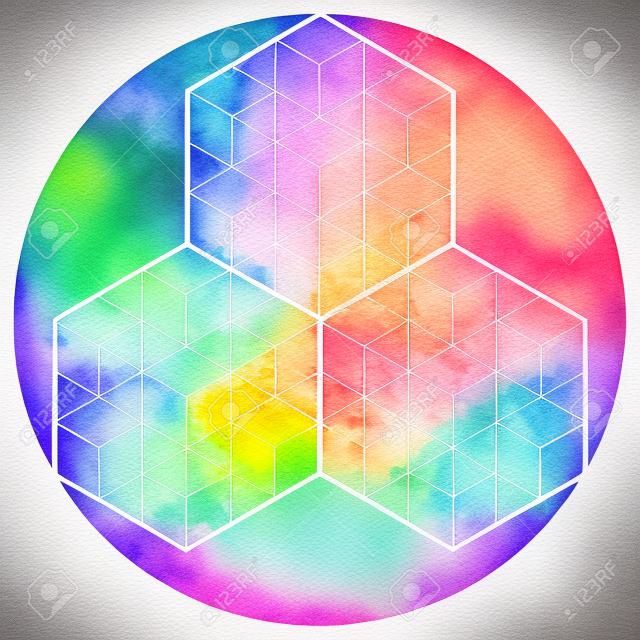 Sacred geometry symbol on colorful watercolor circuar background.