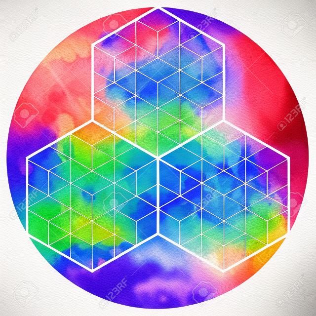 Sacred geometry symbol on colorful watercolor circuar background.