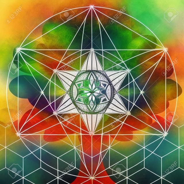 Árbol con símbolos de geometría sagrada y elementos