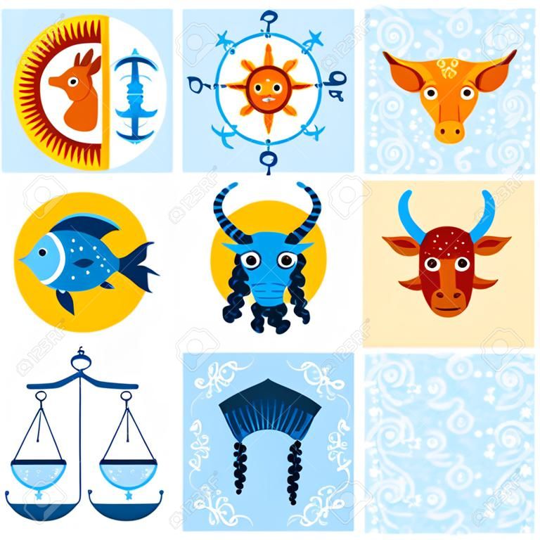 Drôle bleu et orange signe du zodiaque astrologique icon set, vecteur astrologie