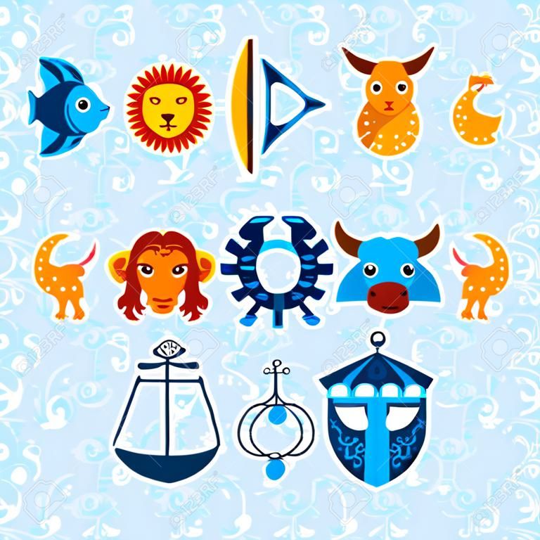 Grappige blauwe en oranje dierenriem teken pictogram set astrologische, vector astrologie