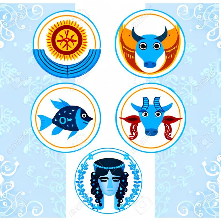 Grappige blauwe en oranje dierenriem teken pictogram set astrologische, vector astrologie