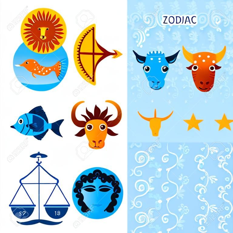Drôle bleu et orange signe du zodiaque astrologique icon set, vecteur astrologie