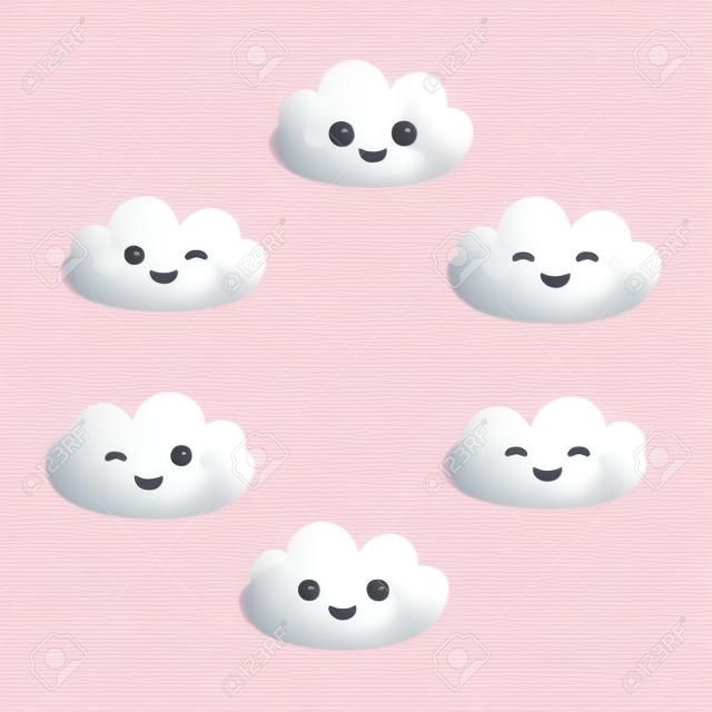 Kawaii nuvole bianche divertenti impostati, muso con le guance rosa e gli occhi ammiccanti su sfondo bianco. illustrazione di vettore
