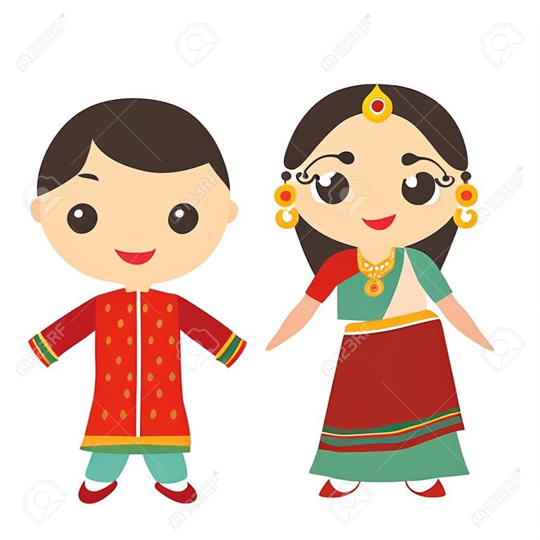 Inder Kawaii Junge und Mädchen im nationalen Kostüm. Karikaturkinder in der traditionellen Indien-Kleidersari lokalisiert auf weißem Hintergrund. Vektor-illustration