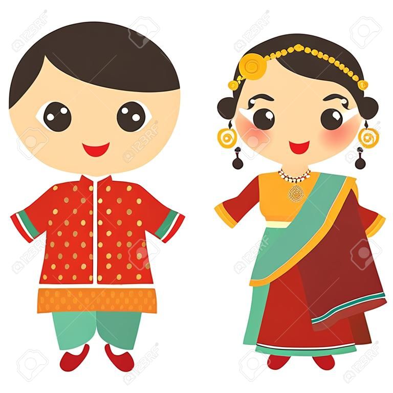 Inder Kawaii Junge und Mädchen im nationalen Kostüm. Karikaturkinder in der traditionellen Indien-Kleidersari lokalisiert auf weißem Hintergrund. Vektor-illustration