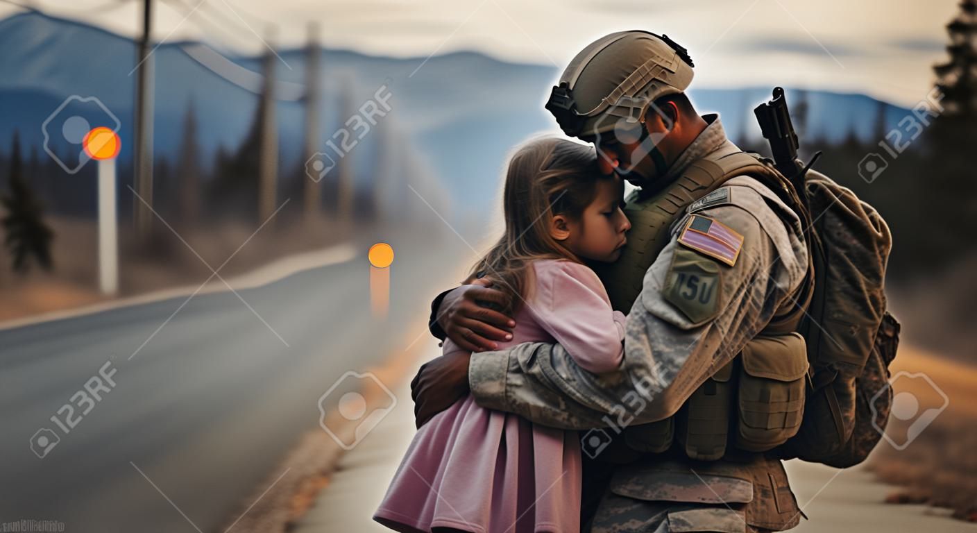 Soldier hugging sad little daughter while leaving for war.