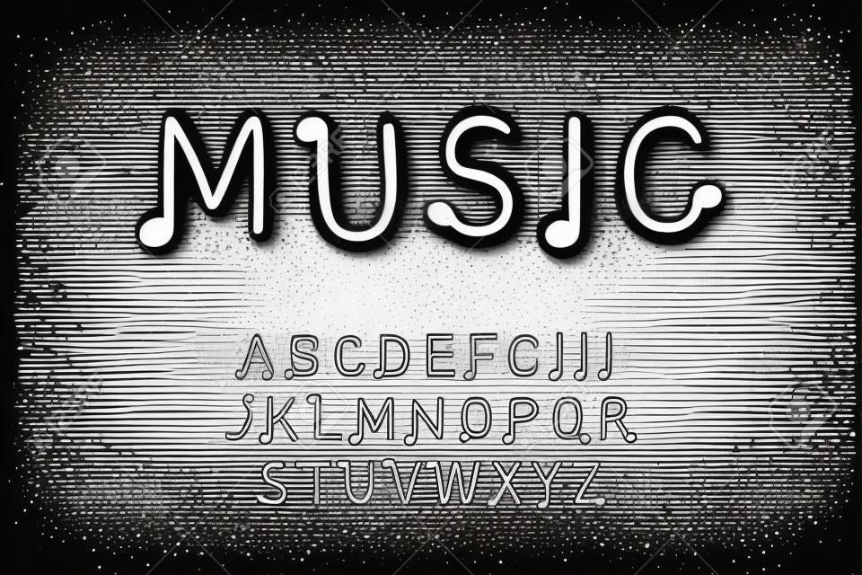 Music hand drawn vector type in cartoon comic style notes black white contrast