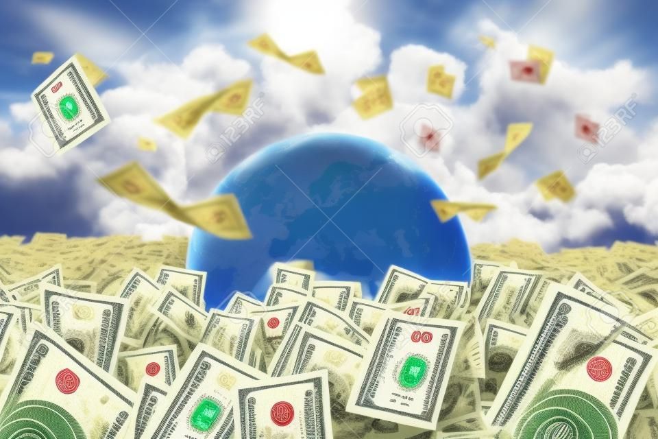100 ドル紙幣飛行、地球、曇っている背景のあちこちお金ファームに落ちる。
