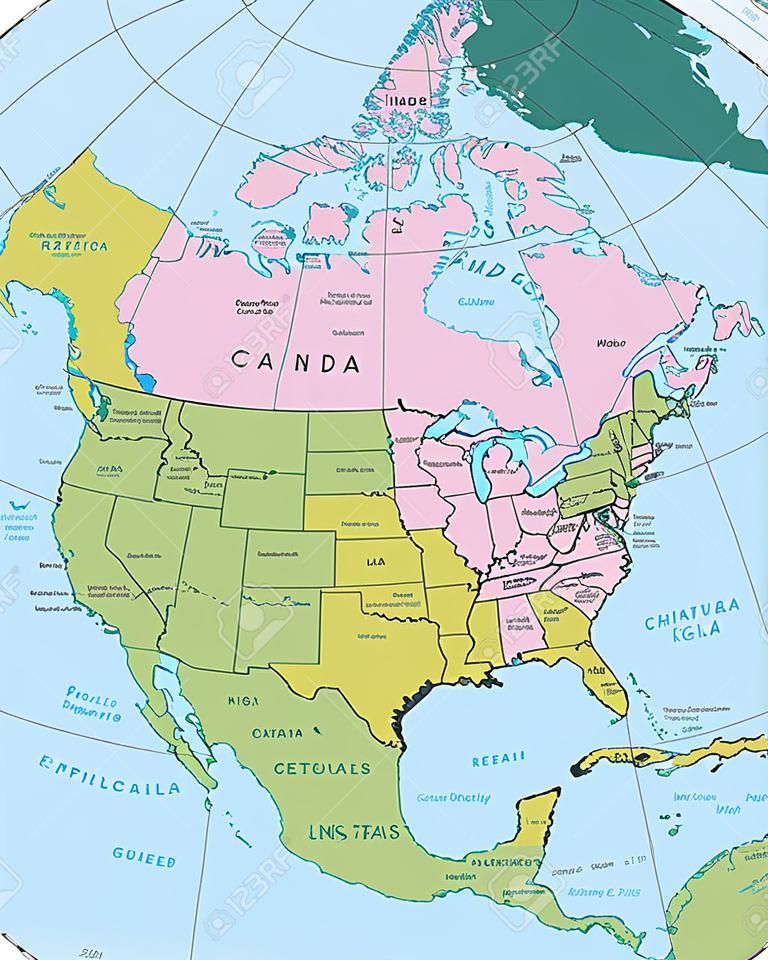 北美洲——非常详细的地图，所有元素都在可编辑层中被清晰地标记。