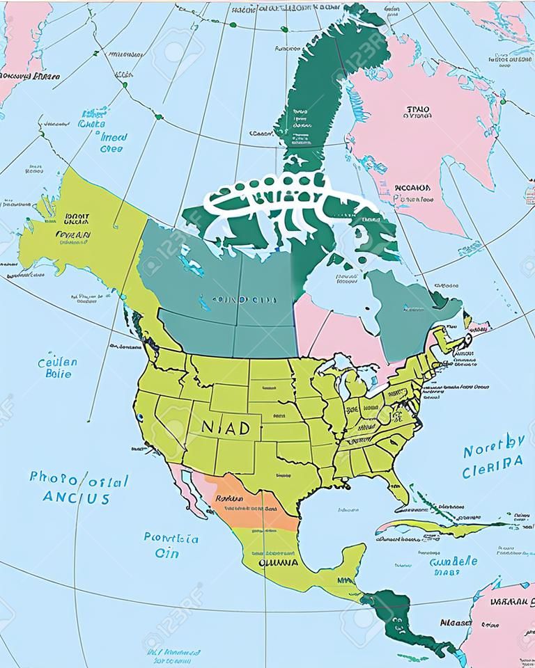 北美洲——非常详细的地图，所有元素都在可编辑层中被清晰地标记。
