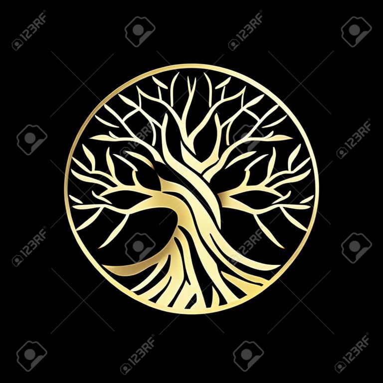 Radice o albero, simbolo di vettore dell'albero della vita a forma di cerchio. Bella illustrazione della radice isolata con colore oro.