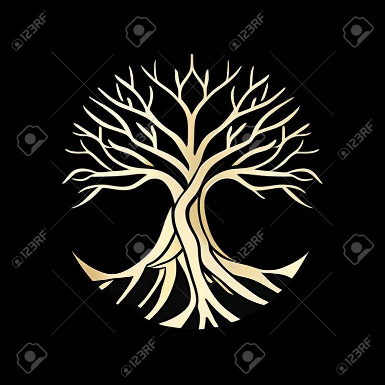 Racine ou arbre, symbole vectoriel de l'arbre de vie en forme de cercle. Belle illustration de racine isolée de couleur or.