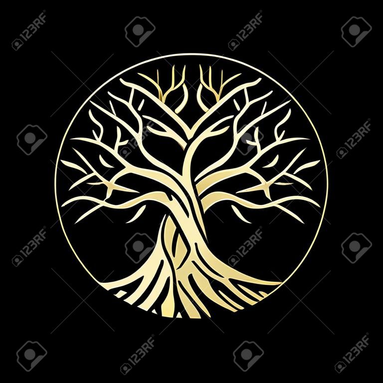 Radice o albero, simbolo di vettore dell'albero della vita a forma di cerchio. Bella illustrazione della radice isolata con colore oro.