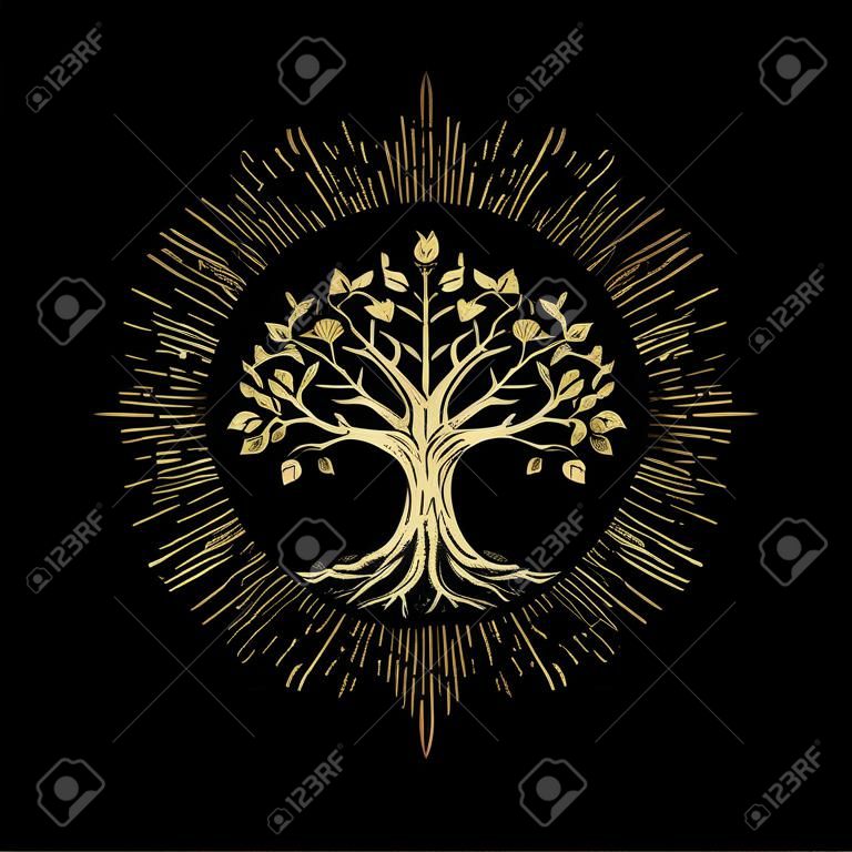 Tree of Life or Luxury Gold Tree and roots vector with round shape.