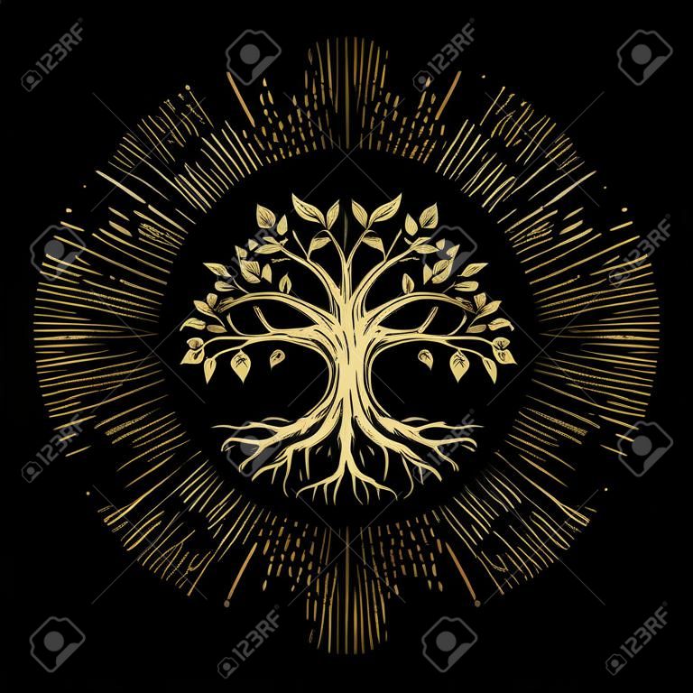 Drzewo życia lub luksusowe złote drzewo i wektor korzeni o okrągłym kształcie.