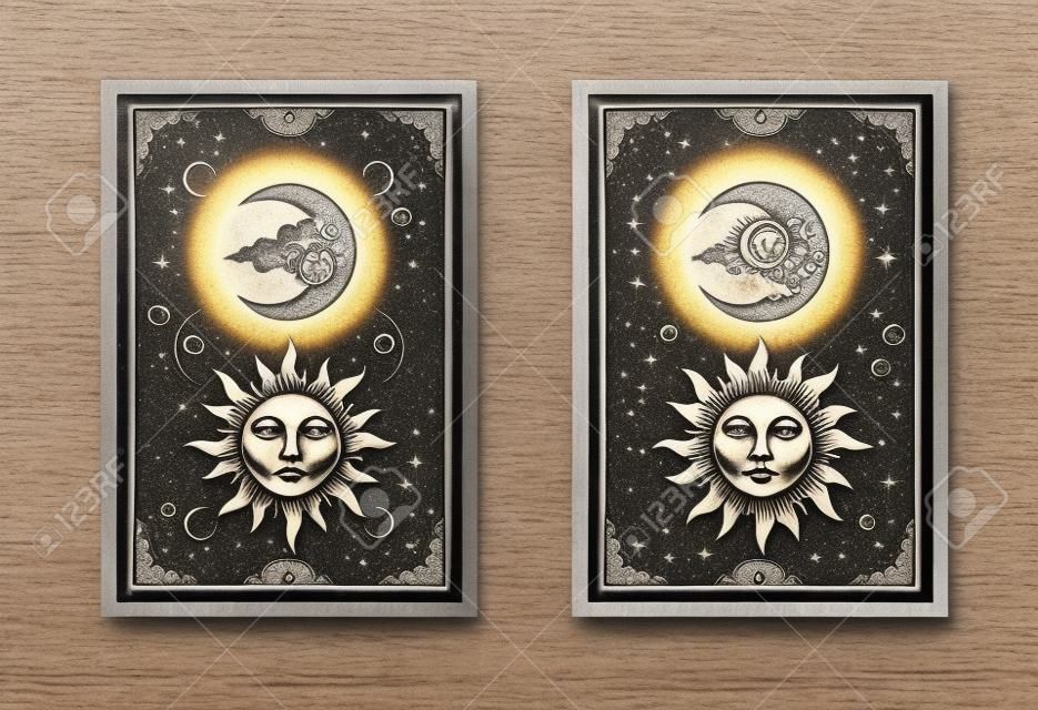 Sun and moon face in engraving, luxury, esoteric, boho style. Suitable for spiritualists, psychics, tarot, fortune tellers, astrologers and tattoo