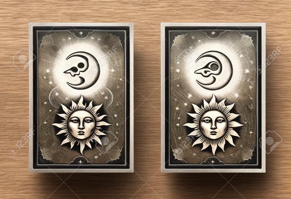 Sun and moon face in engraving, luxury, esoteric, boho style. Suitable for spiritualists, psychics, tarot, fortune tellers, astrologers and tattoo