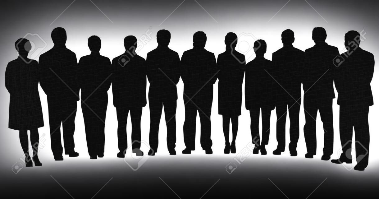 silhouettes of business people, standing in line 