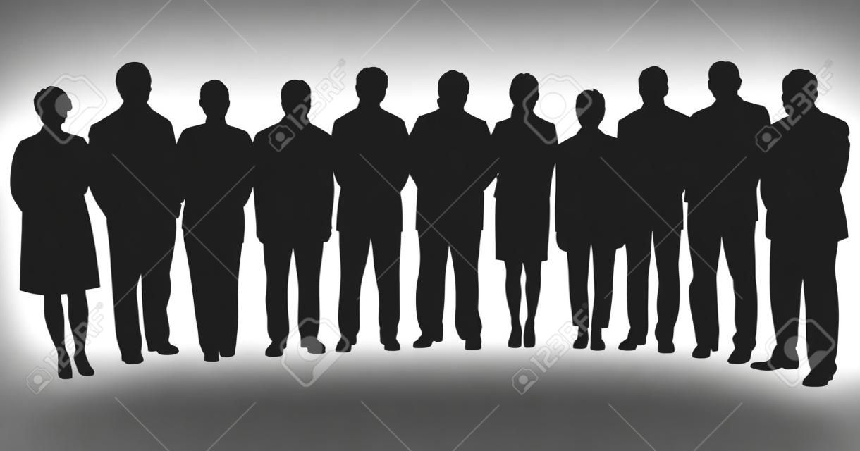silhouettes of business people, standing in line 