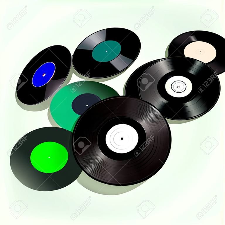 Vinyl Records Flying on a Vintage Green Background