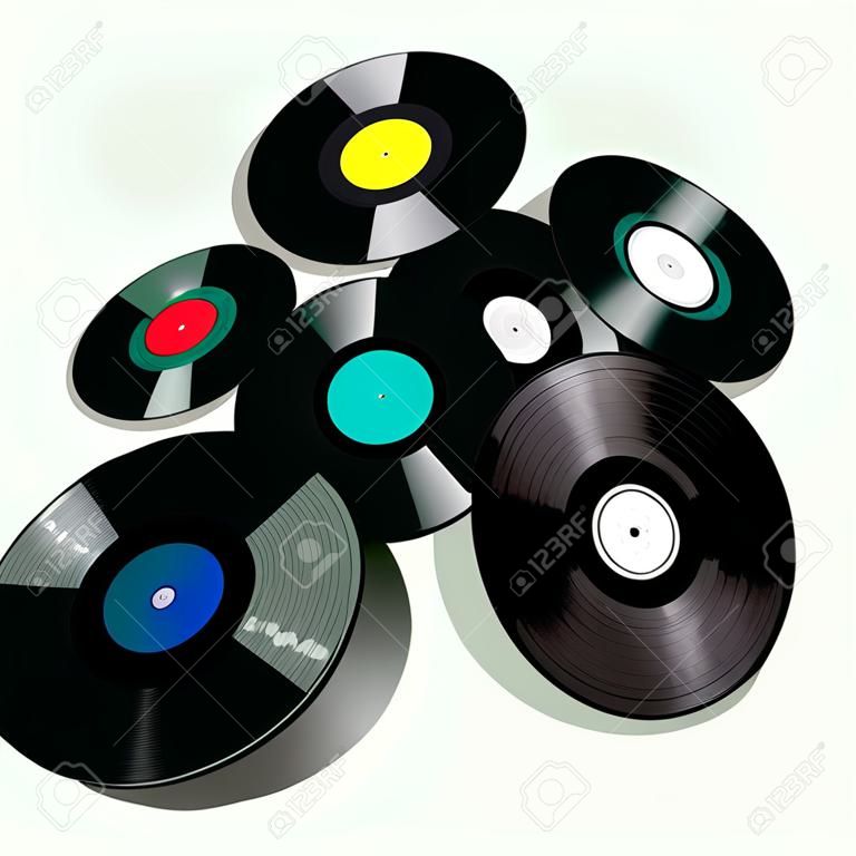 Vinyl Records Flying on a Vintage Green Background