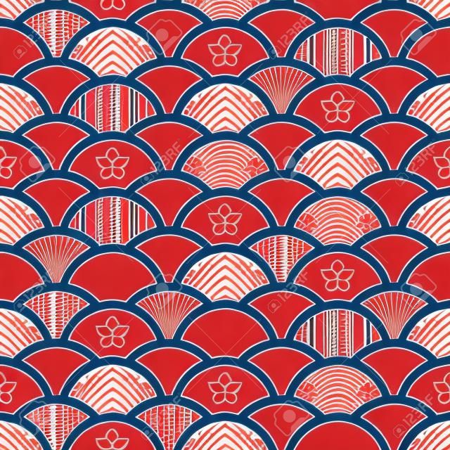 Traditioneel japans kimono patroon van geometrische golven in rood en zwart oosters ontwerp. Vector naadloze patroon ontwerp voor textiel, mode, papier, verpakking en branding.