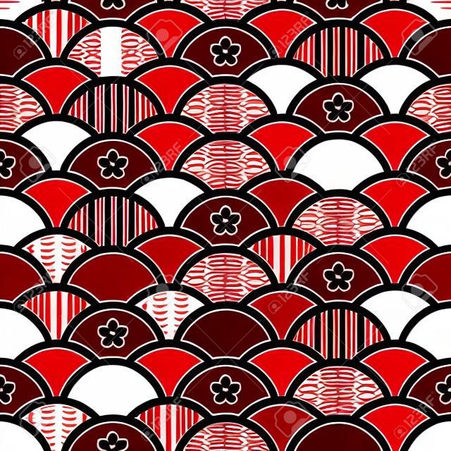 Traditioneel japans kimono patroon van geometrische golven in rood en zwart oosters ontwerp. Vector naadloze patroon ontwerp voor textiel, mode, papier, verpakking en branding.