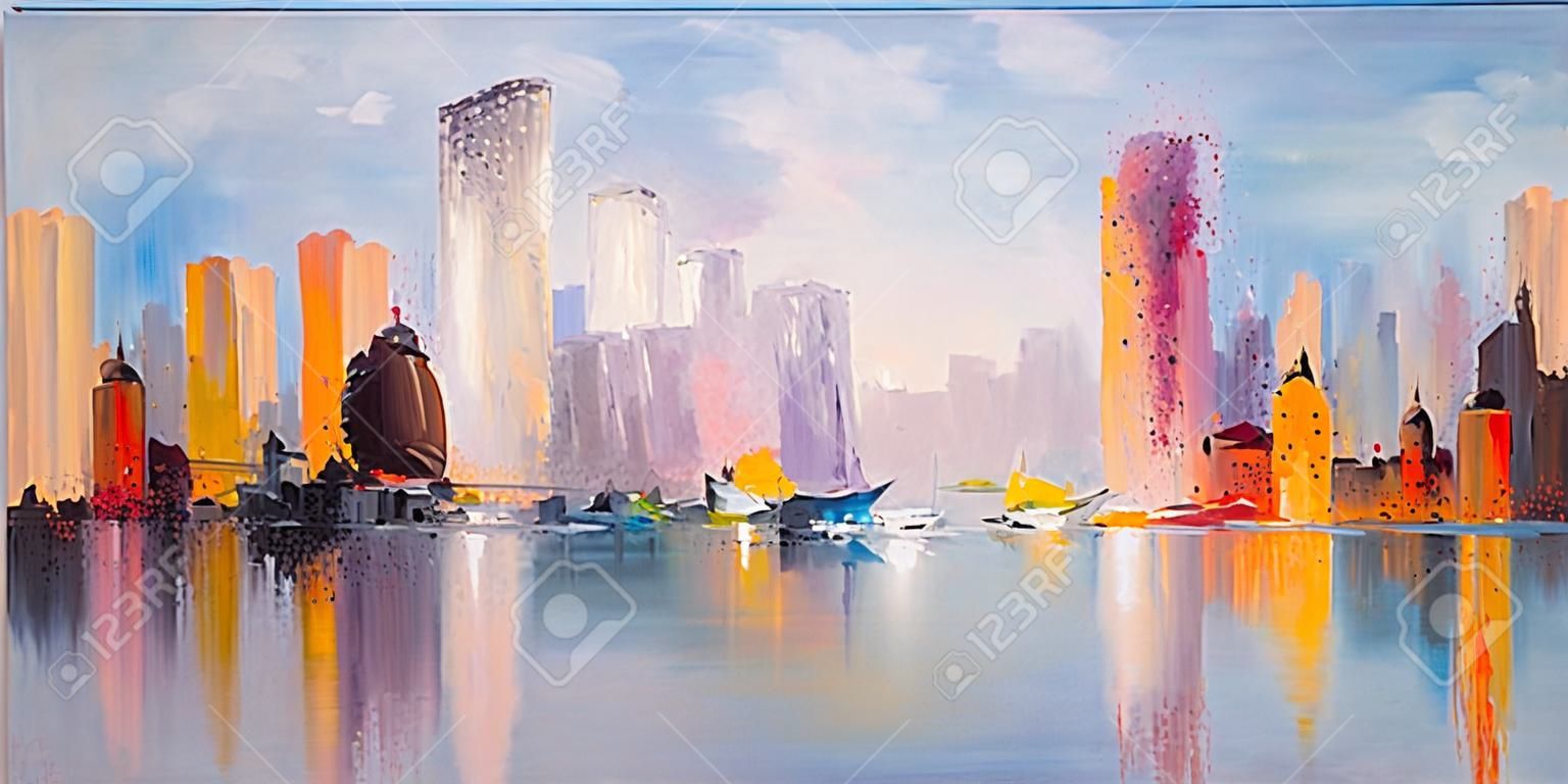 水に反射したスカイラインの街の景色。キャンバスにオリジナルの油絵、