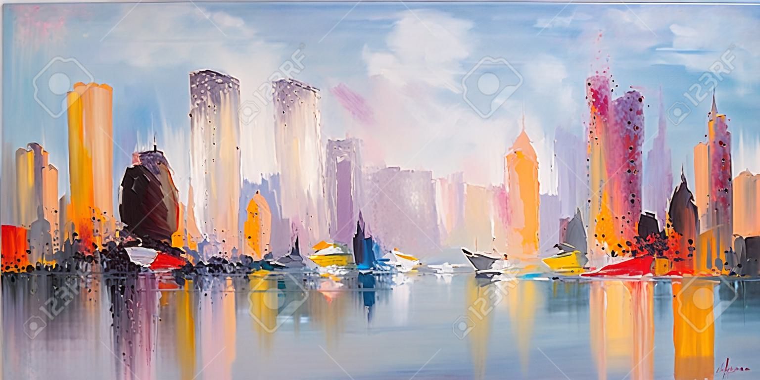 水に反射したスカイラインの街の景色。キャンバスにオリジナルの油絵、