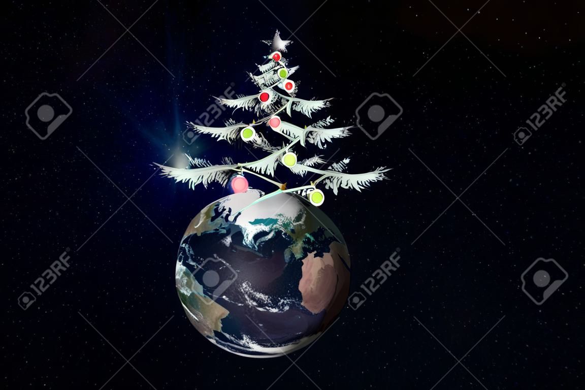 Planeta Tierra en un sombrero de árbol de Navidad en un espacio ultraterrestre como concepto de año nuevo, con espacio de copia.