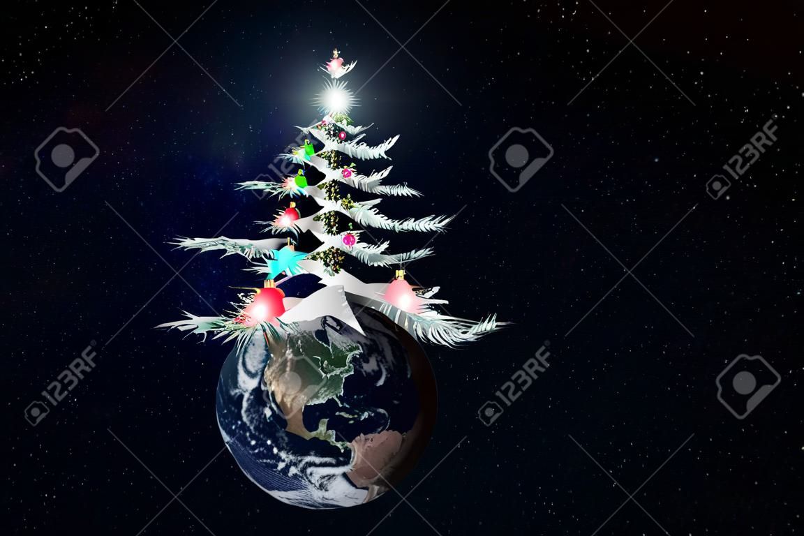 Planeta Tierra en un sombrero de árbol de Navidad en un espacio ultraterrestre como concepto de año nuevo, con espacio de copia.