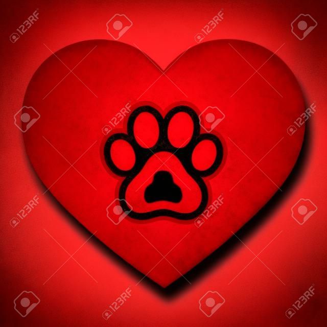 dog paw in red heart on white background