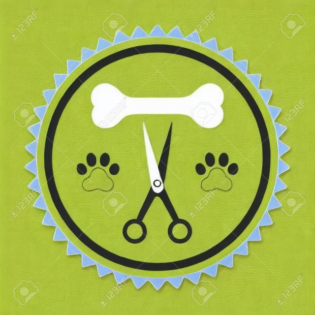 Illustrazione di un logo di toelettatura dell'animale domestico. Emblema del salone di bellezza del cane.