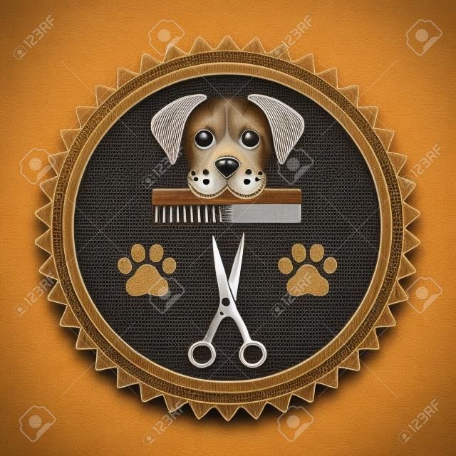 Godło głowy psa do pielęgnacji zwierząt z grzebieniem i nożyczkami w kole