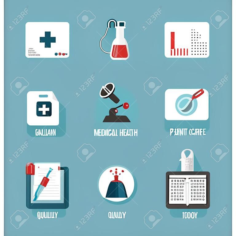 Medical services and patient health care flat icons set with objects