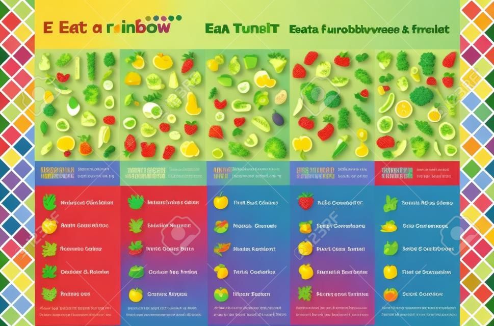 Egyél egy szivárvány gyümölcsöt és zöldséget infographics étellel és egészségügyi ikonok meg, diéta és táplálkozás fogalma