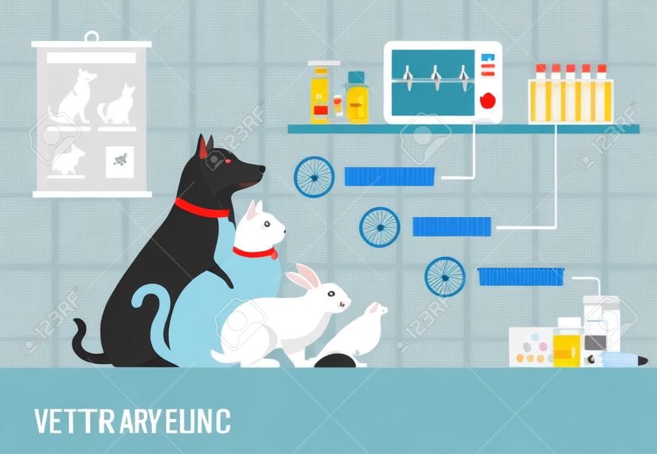 Veterinary clinic banner with dog, cat, rabbit, bird, medical equipment, drugs and icons set
