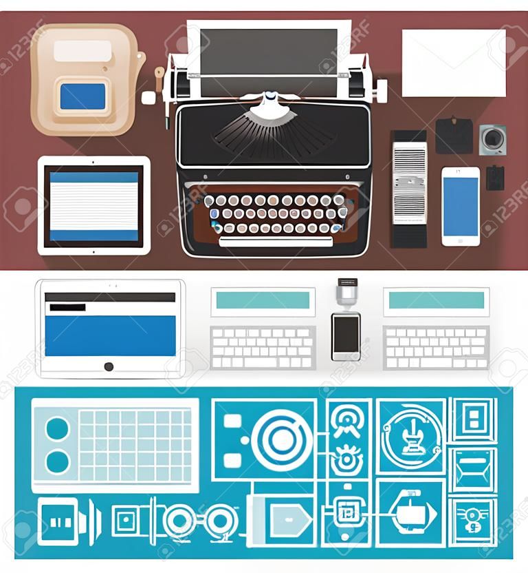 Verleden, heden en toekomst van technologie en apparaten, van typemachine tot computer en touchscreen desktop, business communication improvement concept
