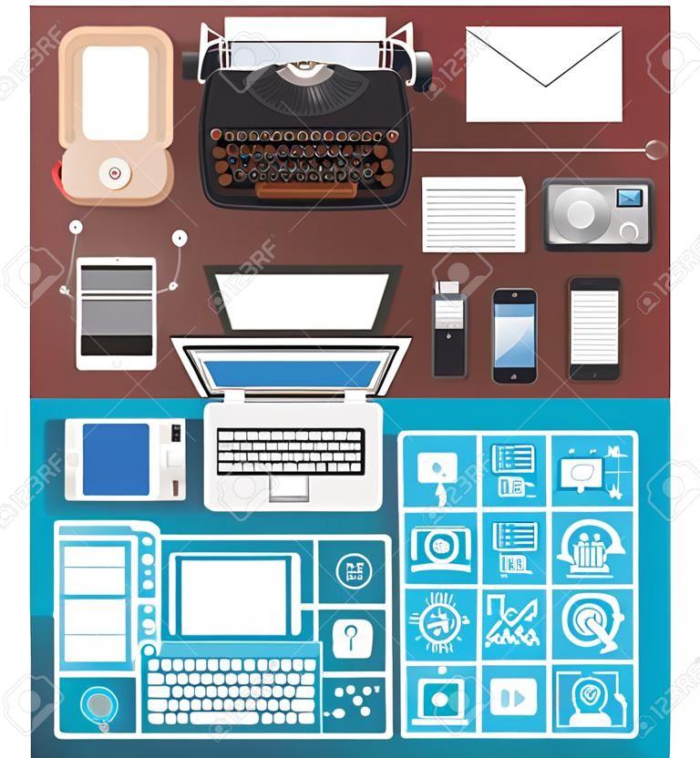 Past, present and future of technology and devices, from typewriter to computer and touch screen desktop, business communication improvement concept