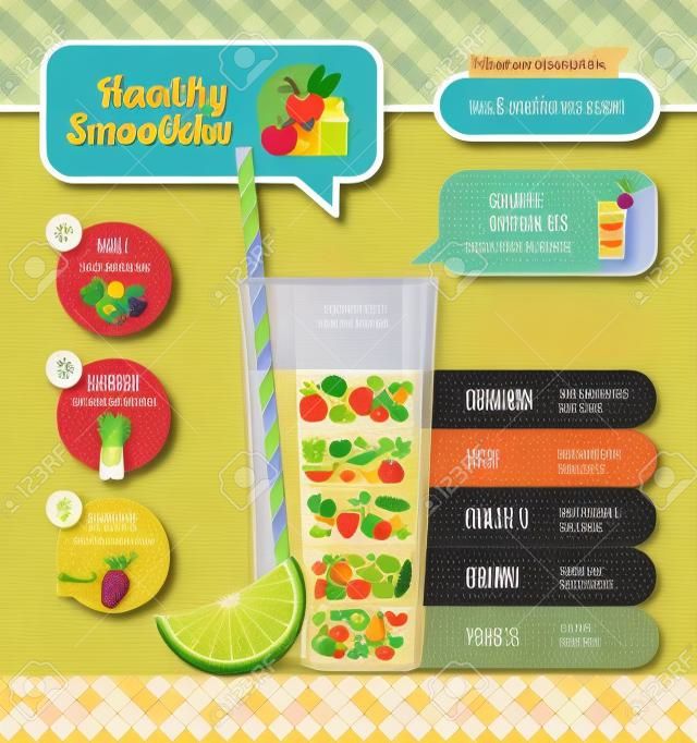 Eat a rainbow of colorful healthy fruits and vegetables, food nutrients and smoothies preparation infographic